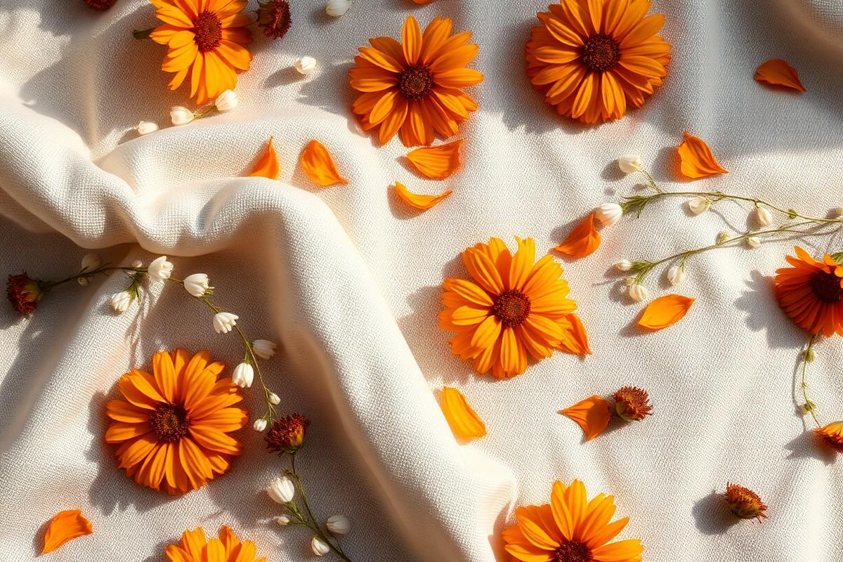 Marigold blossoms and jasmine strands on ivory cloth